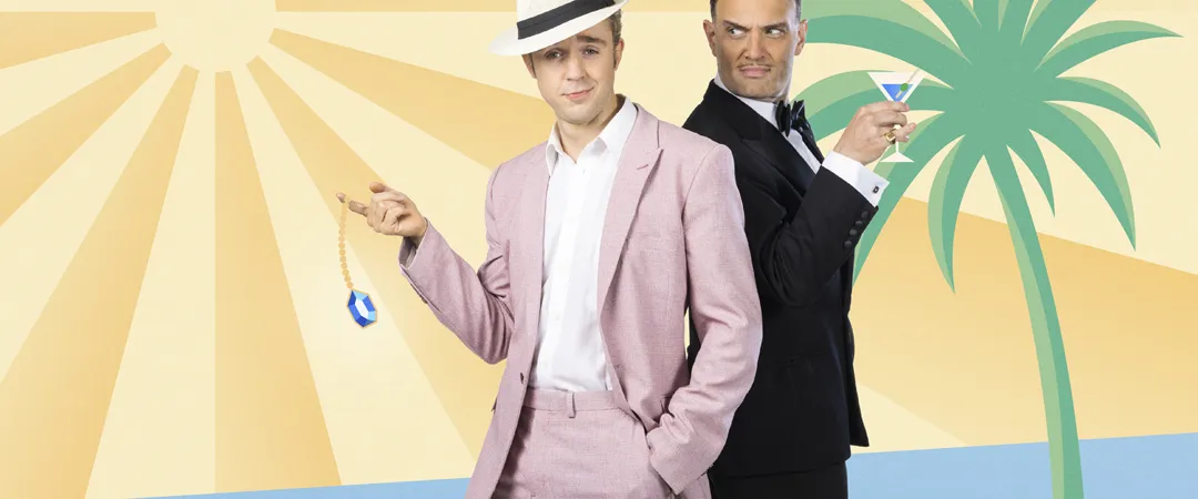 Two men standing back to back against a sun and palm tree backdrop