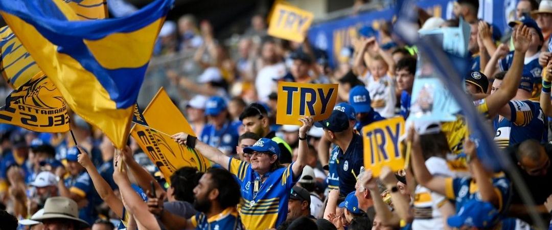A vibrant crowd of sports fans wearing blue and yellow attire, enthusiastically waving flags and banners in a stadium, conveying excitement and unity.