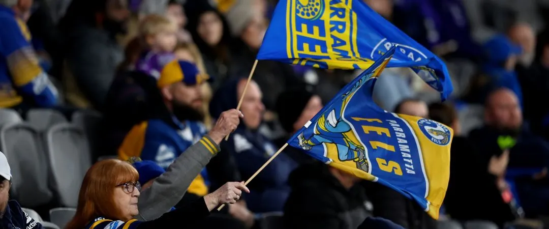Fans enthusiastically wave team flags in a stadium, dressed in team colours. The atmosphere is lively and filled with excitement during a sports event.