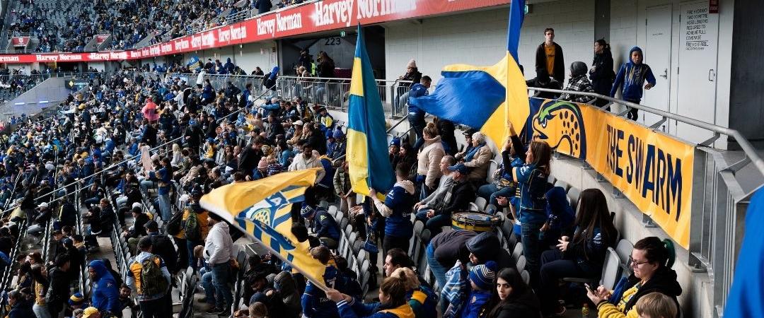 Crowded sports stadium with fans waving blue and yellow flags. The atmosphere is lively and energetic, capturing the excitement of a live game.