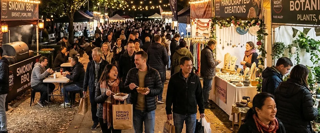A lively evening market with festive lights strung above, bustling crowds, and decorated stalls selling gifts, creating a warm, joyful atmosphere.