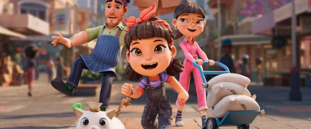 Animated children joyfully run down a vibrant street with colourful decorations, accompanied by a dog. The scene conveys excitement and adventure.