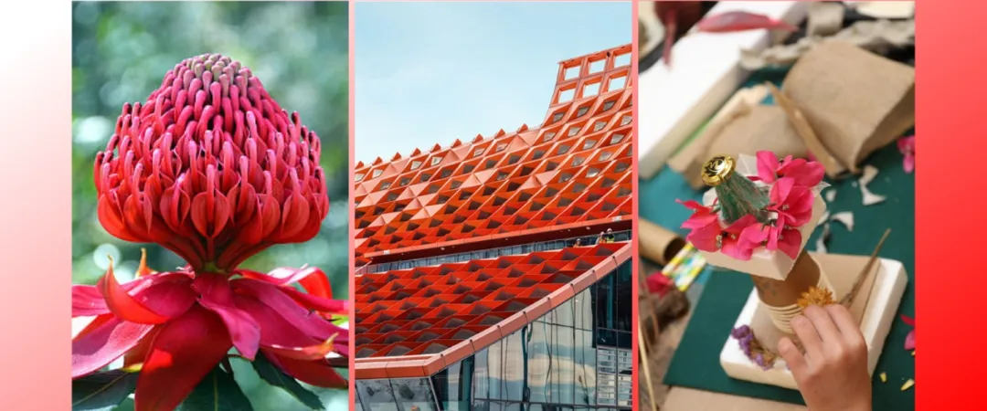 Triptych of a pink protea flower, red-orange lattice roof, and hands arranging a colorful bouquet on a craft table; vibrant, creative tone.