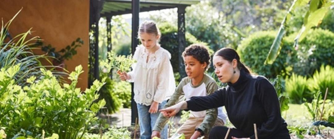 A woman and two children explore a lush garden, examining plants under bright sunlight. The scene conveys curiosity and learning in a serene setting.