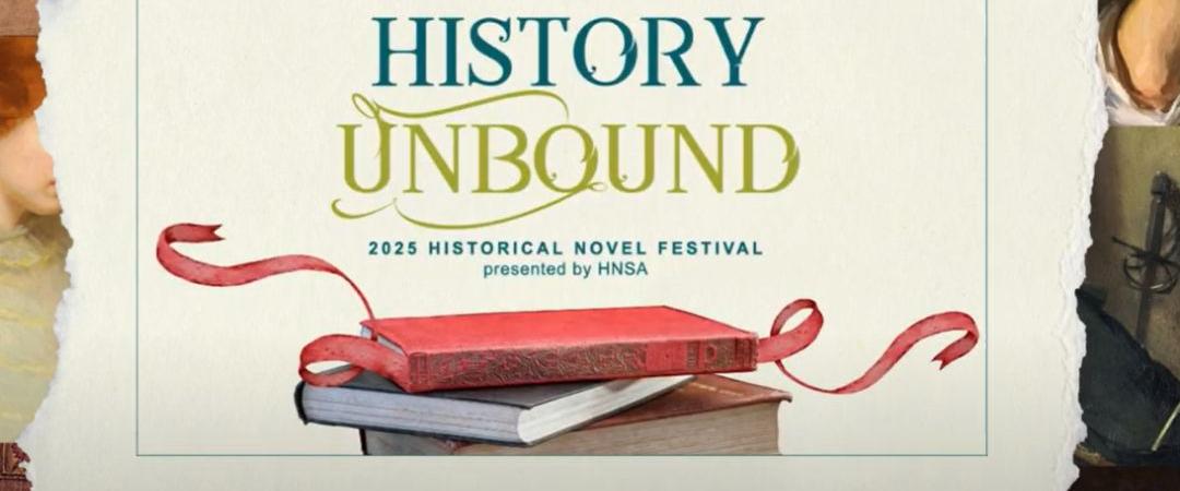 Alt text: "Promotional graphic for 'History Unbound' with an illustrated book releasing a red ribbon, symbolizing liberation. Background hints at historical artwork."