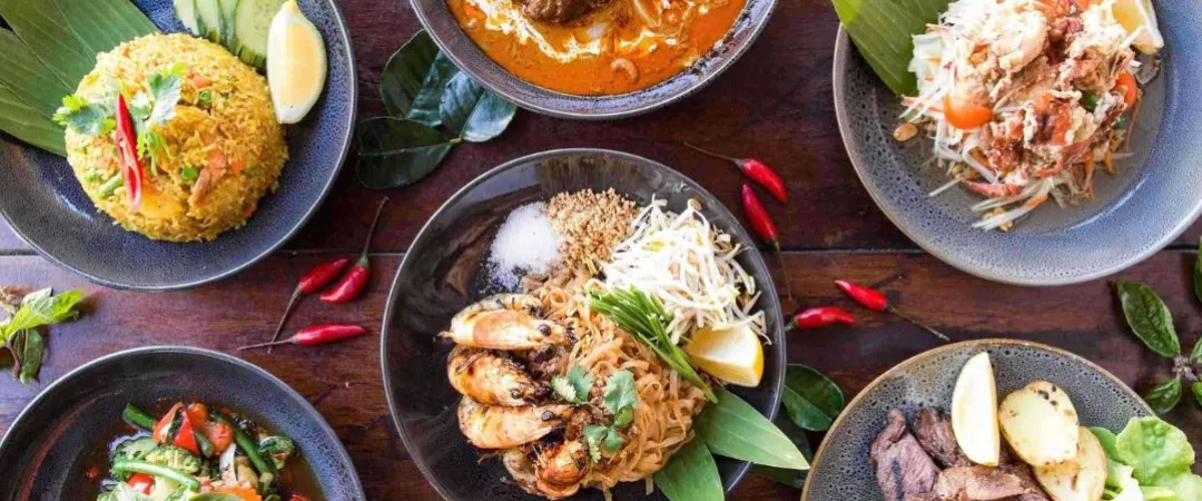 Overhead view of colorful Thai dishes—curries, noodles, fried rice, seafood salad, and grilled meat—garnished with herbs and chilies.