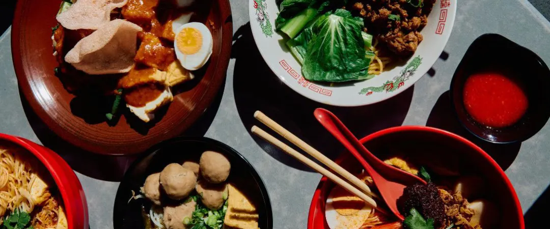 Overhead spread of colorful Asian dishes—dumplings, noodles, greens, egg, meat, and soup—served in vibrant bowls, creating a warm feast.