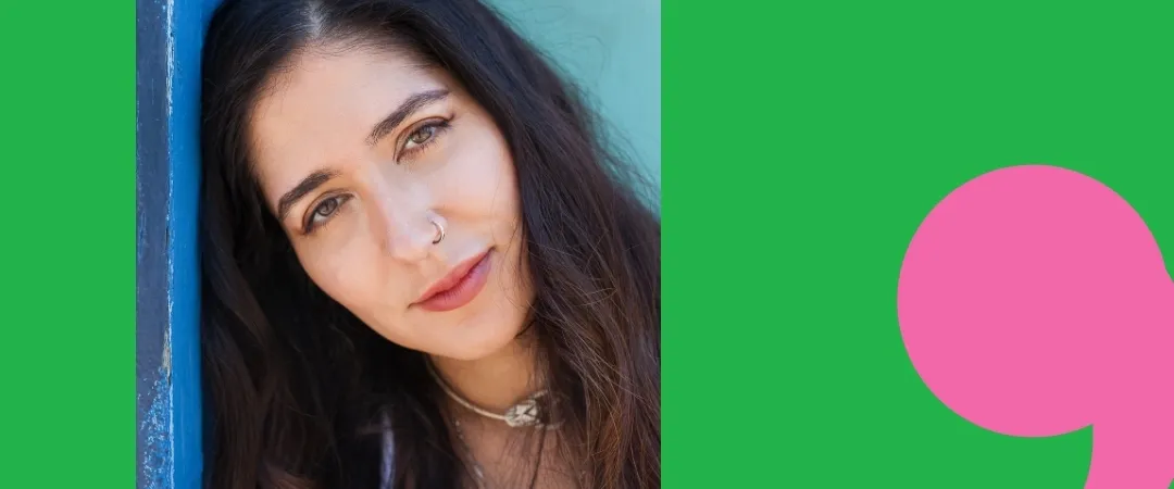 Portrait of a woman with long dark hair and a nose ring, leaning against a blue wall. The background is vibrant green with a large pink quotation mark.