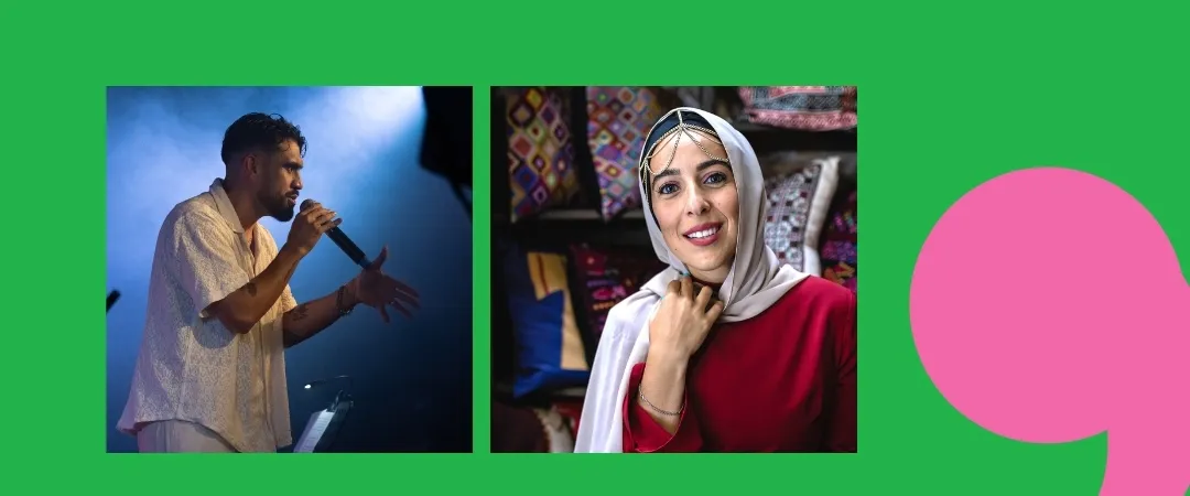 Split image on a green background: left, a man passionately singing into a microphone on stage; right, a smiling woman in a hijab and red dress, in front of colorful fabrics.