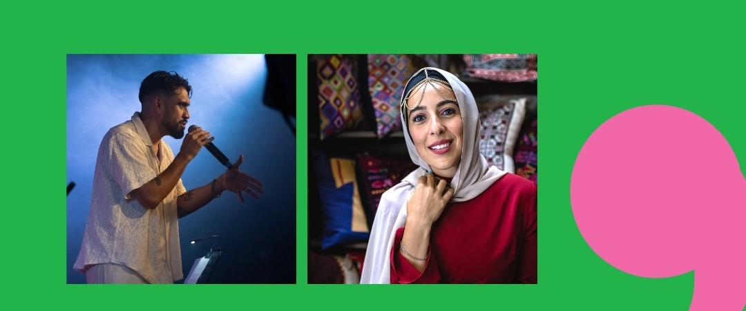 Split image on a green background: left, a man passionately singing into a microphone on stage; right, a smiling woman in a hijab and red dress, in front of colorful fabrics.