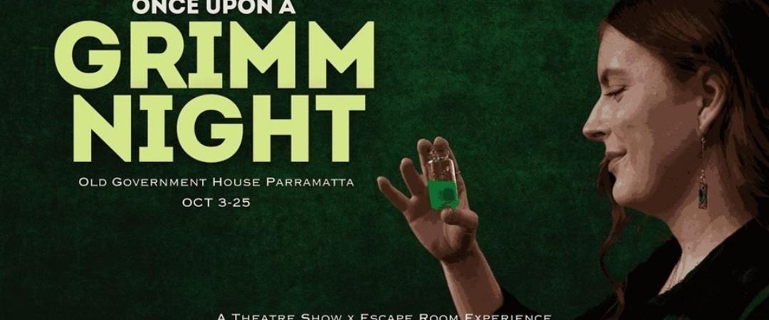 A woman holding a glowing green book is featured on a dark green background. Text reads "Once Upon a Grimm Night," suggesting a fairy tale theme. Mood is mysterious.