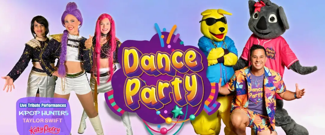 "Colourful kids' disco show poster with performers in playful costumes, a large 'Dance Party' sign, and text promoting live tribute acts. Energetic and fun vibe."