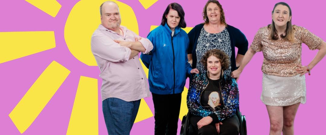 A diverse group of five people, one in a wheelchair, stands confidently against a vibrant purple background with a yellow sunburst design.