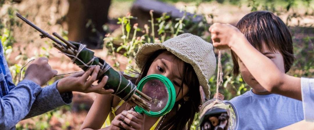Children playfully hold bundles of twigs and branches, smiling in a sunlit, grassy area, conveying a sense of joy and outdoor adventure.