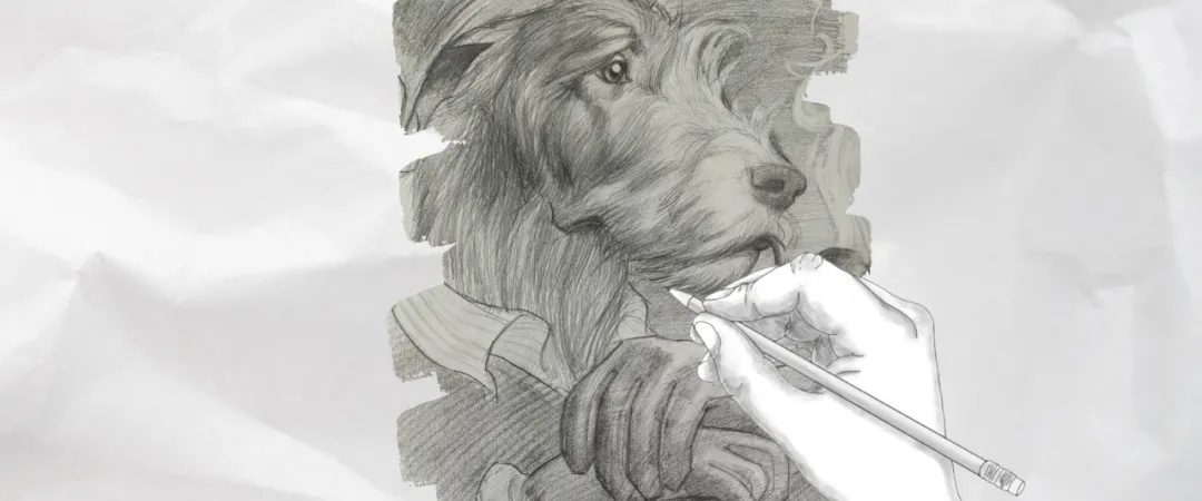 A pencil sketch depicts a dog wearing a hat and scarf, looking thoughtful. A hand holding a pencil is actively drawing the picture, conveying creativity.