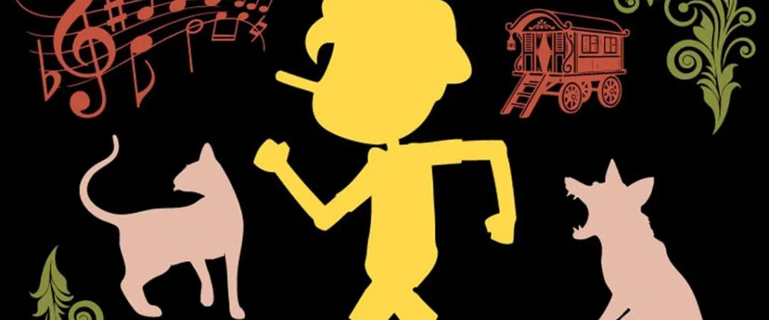 Silhouette of a boy with a long nose walking, surrounded by musical notes, a cat, a dog, a gypsy wagon, and decorative green vines on a black background.