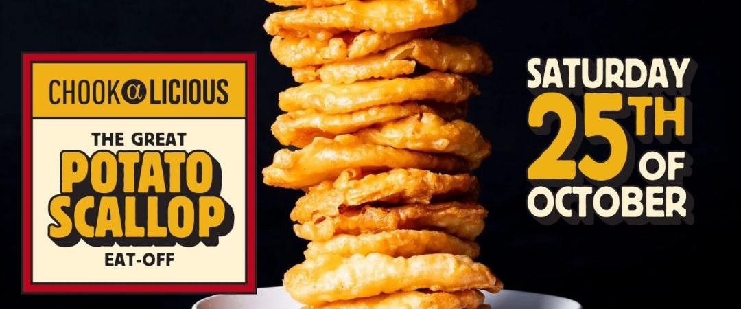 A tall stack of crispy potato scallops on a white plate, set against a dark background. Text reads "The Great Potato Scallop Eat Off, Saturday 25th of October."