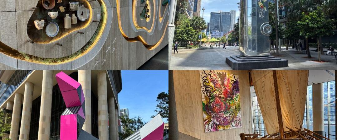 Collage of four urban art scenes: colourful murals, abstract structures, and graffiti. The vibrant, creative atmosphere contrasts with the city's modernity.