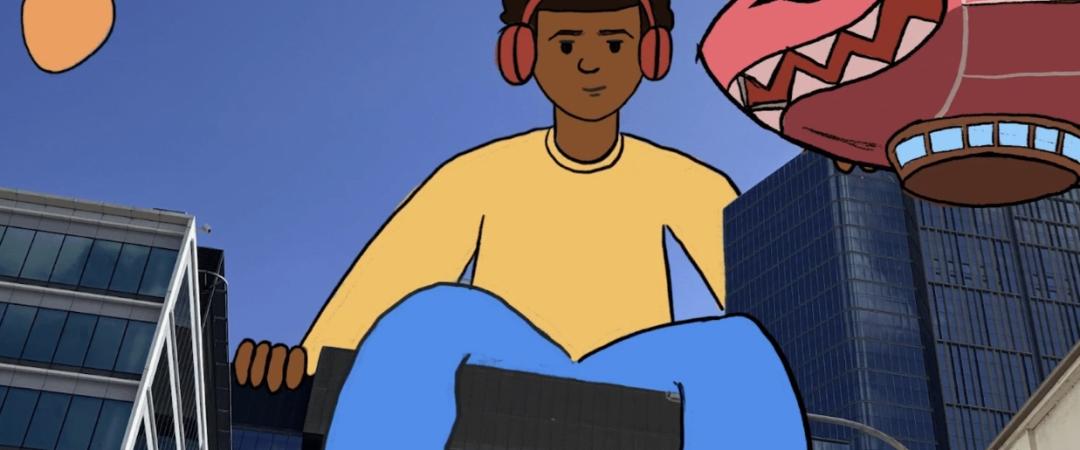 A cartoon character with headphones sits among skyscrapers, facing a red, mechanical fish with sharp teeth. The scene is whimsical and urban.