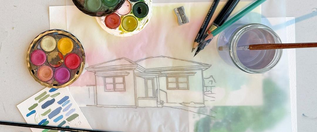 Watercolour paints brushes and images