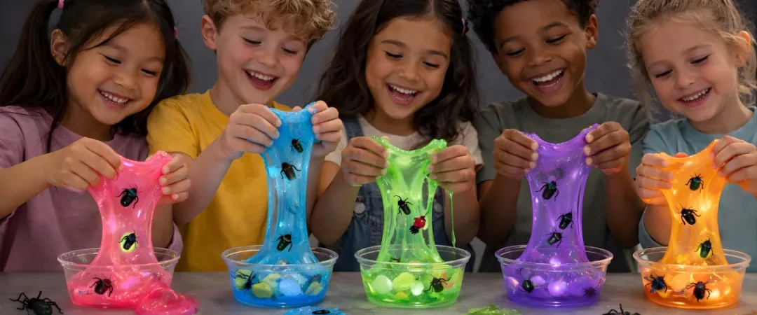 Five children smiling and playing with colorful slime in pink, blue, green, purple, and orange, each containing toy bugs, in a playful, cheerful setting.