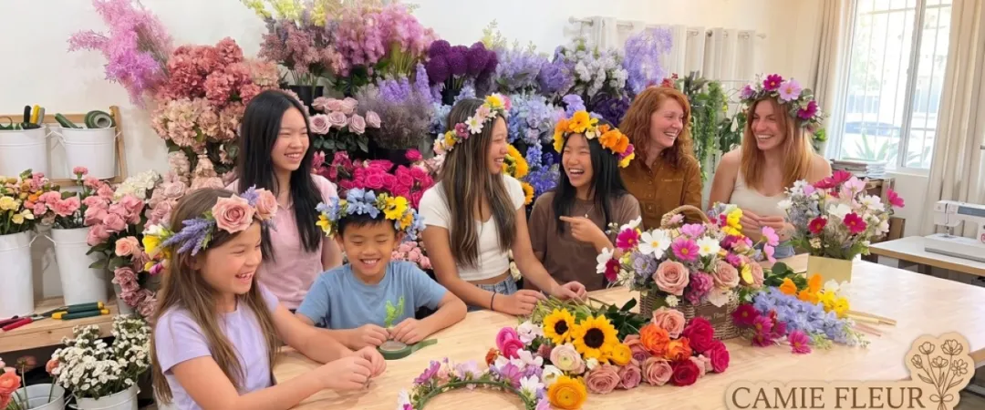 Joyful flower-arranging workshop shows children and adults creating colorful bouquets and wreaths amid lush blooms, smiling together.