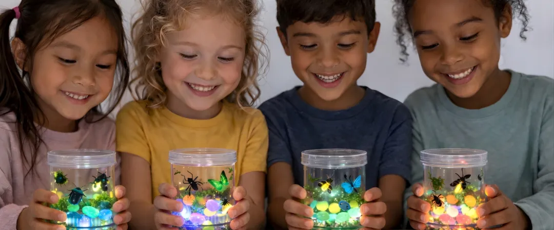 Four children smile joyfully while holding jars filled with colorful glowing LED lights and toy insects, creating a playful and magical atmosphere.