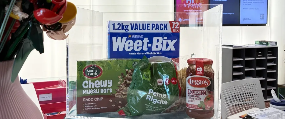 Pantry staples in a clear Perspex box  on PHIVE Customer Service Desk