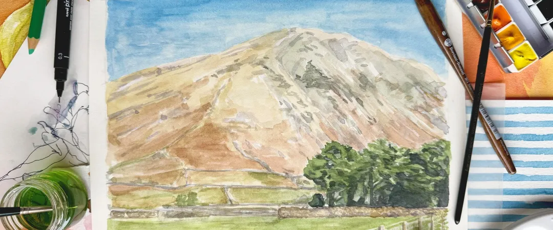 Watercolour painting of mountain scene by Cameron Stead