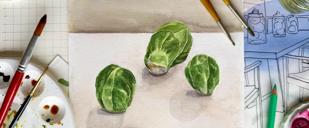 Watercolour painting of brussel sprouts by Cameron Stead