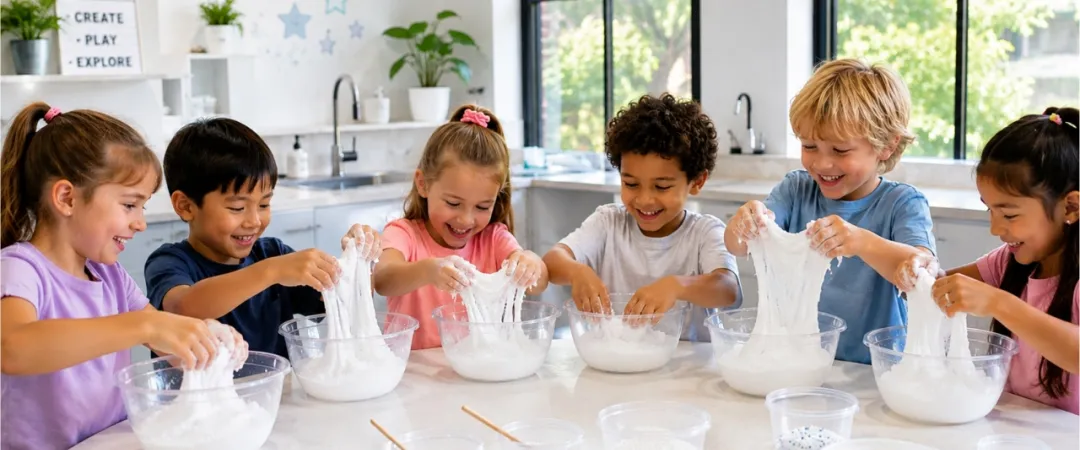 Siz children in white classroom playing with white slime in clear bowls