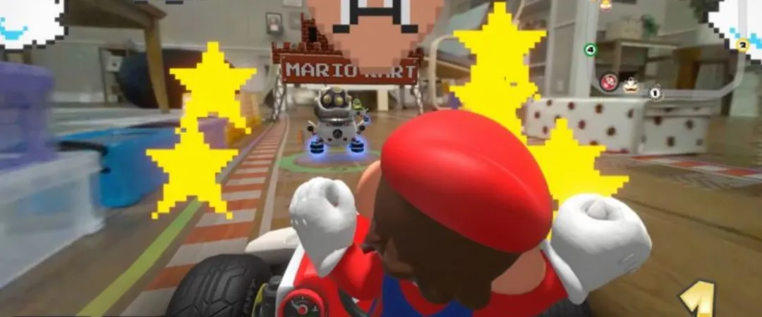 Mario Kart scene in a living room, featuring a Mario character celebrating in a go-kart. Pixelated stars and coins are visible. Playful and exciting mood.