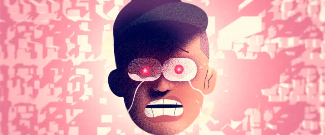 A cartoon face with wide, red glowing eyes and a fearful expression is set against a pixelated pink background, conveying a sense of digital chaos and anxiety.