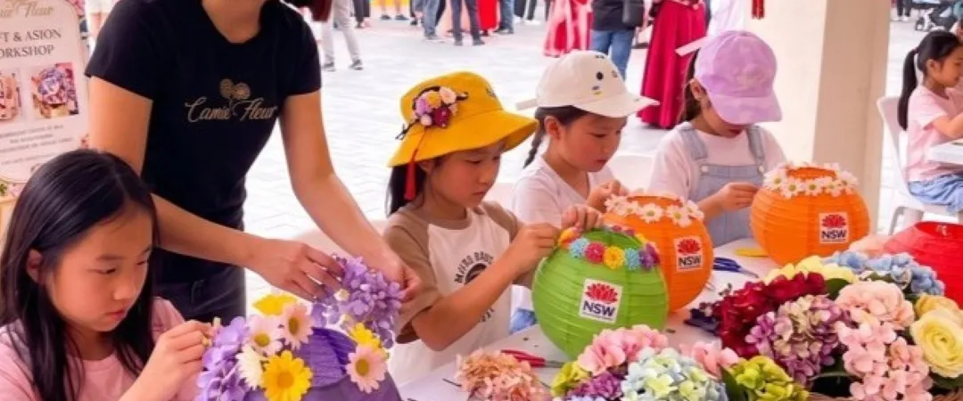 Smiling woman and children decorate colorful flower-filled NSW fundraiser buckets at a lively community fair, surrounded by bright blooms.