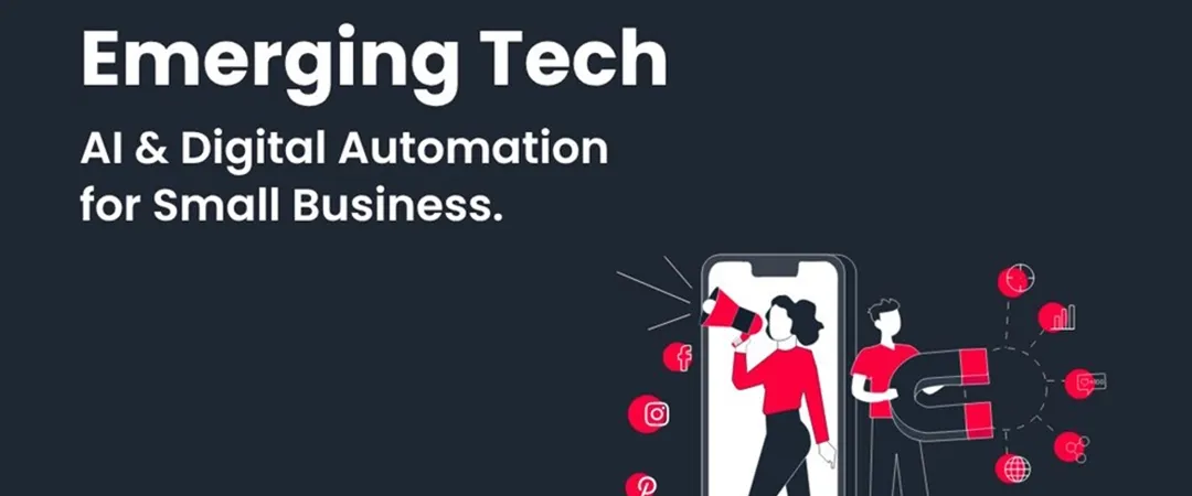 Alt text: "Illustration titled 'Emerging Tech: AI & Digital Automation for Small Business' showing a person interacting with digital elements on a dark background."