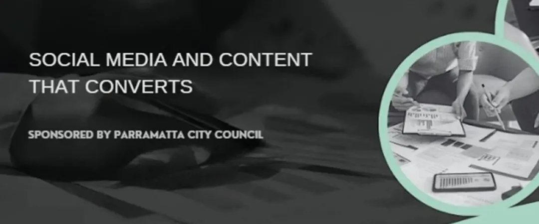 Alt text: "A social media marketing presentation slide with text 'Social Media and Content That Converts.' Features monochrome images of a laptop and digital tools."