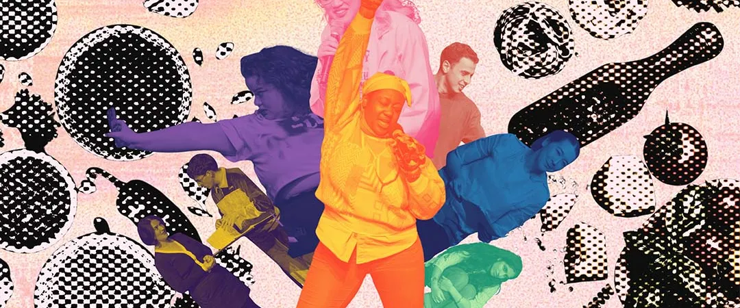 Vibrant retro collage showing diverse dancers in colorful clothing striking energetic poses, layered over black-and-white halftone circles and shapes.