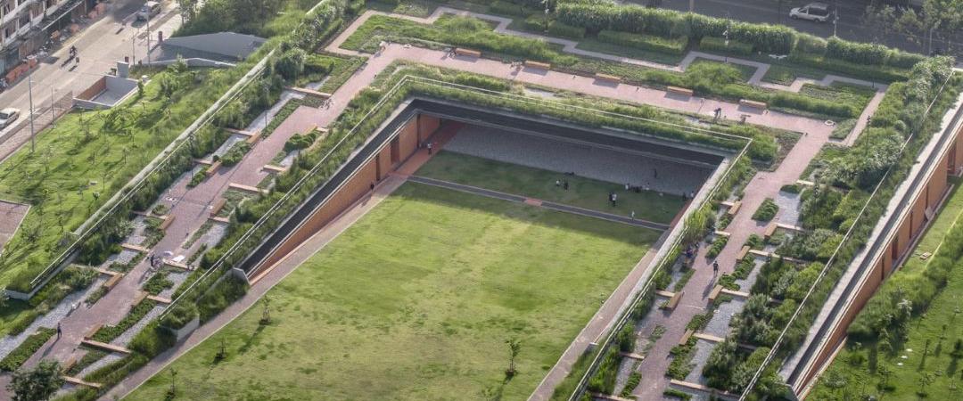Overview of urban environment with lots of grass and trees