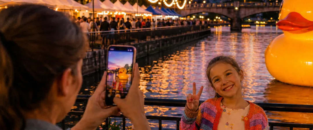 At sunset, a mother photographs her smiling daughter by a lit waterfront festival, with a giant yellow rubber duck floating behind them.