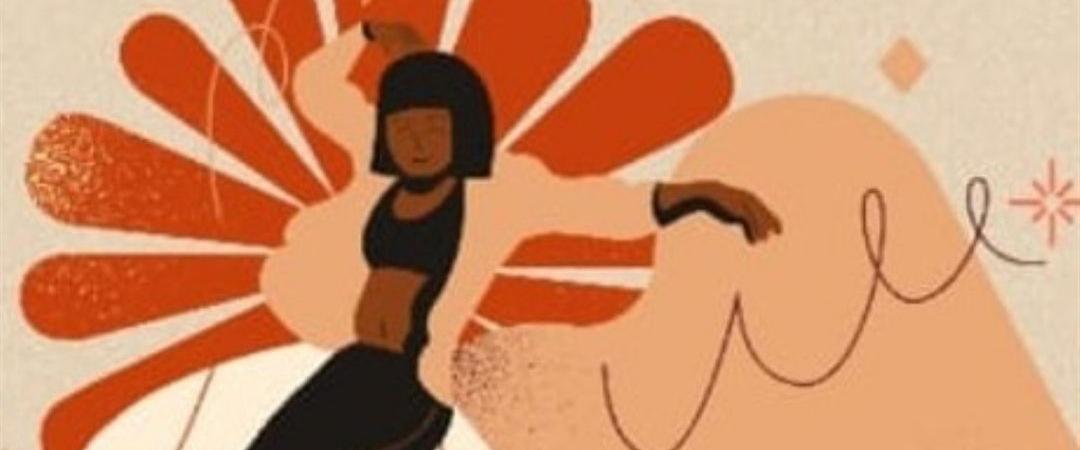 Illustration of a confident woman dancing energetically against a retro backdrop of orange and beige psychedelic shapes, conveying joy and freedom.