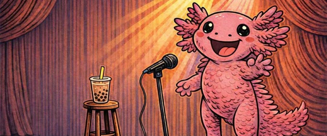 A cartoon pink monster holding a microphone, performing on stage with colorful lights in the background.