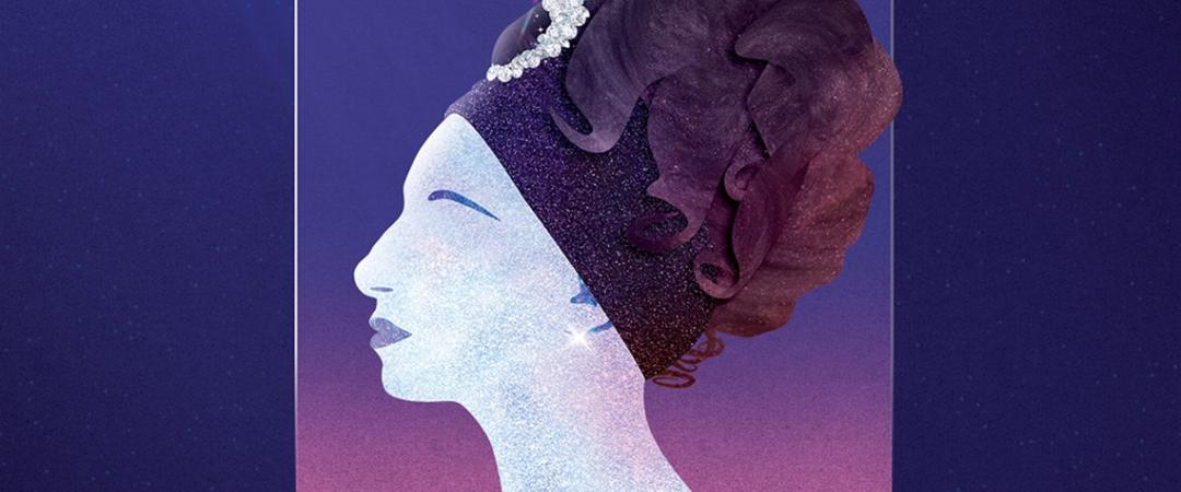 A stylized silhouette of a woman's profile with an elegant hairstyle, set against a gradient purple and pink square, conveying a sense of calm grace.