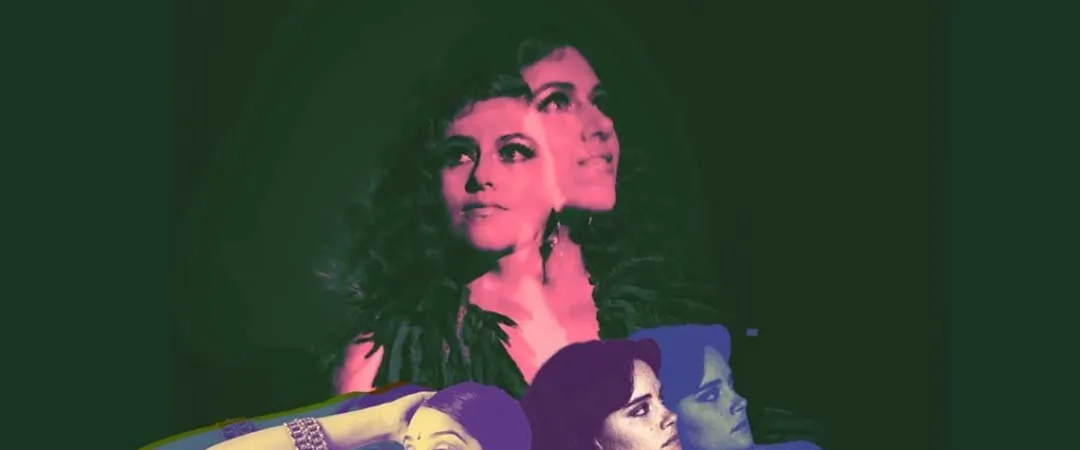 A vibrant collage of a woman in different poses with multiple overlay effects. The colors are predominantly pink, purple, and blue against a dark background, conveying a creative and dynamic mood.