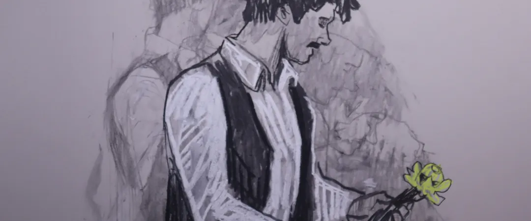 Pencil sketch of a somber man in a vest offering a small yellow flower, with a faint ghostlike figure behind him.