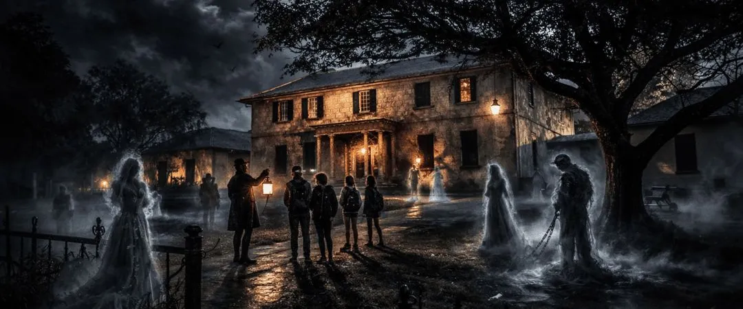 dark image of a house with ghosts surrounding it
