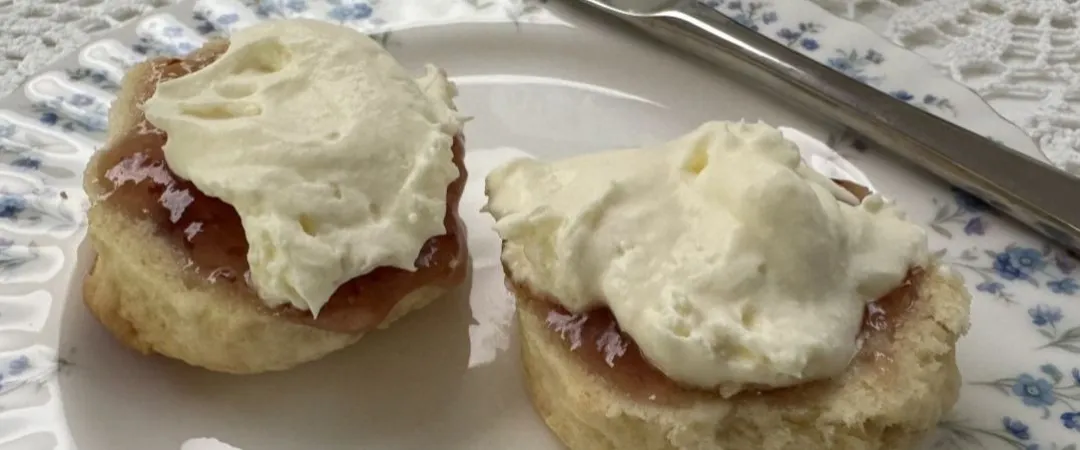 Traditional Devonshire tea served on a floral-patterned china plate, featuring two scone halves topped with strawberry jam and generous dollops of whipped cream.