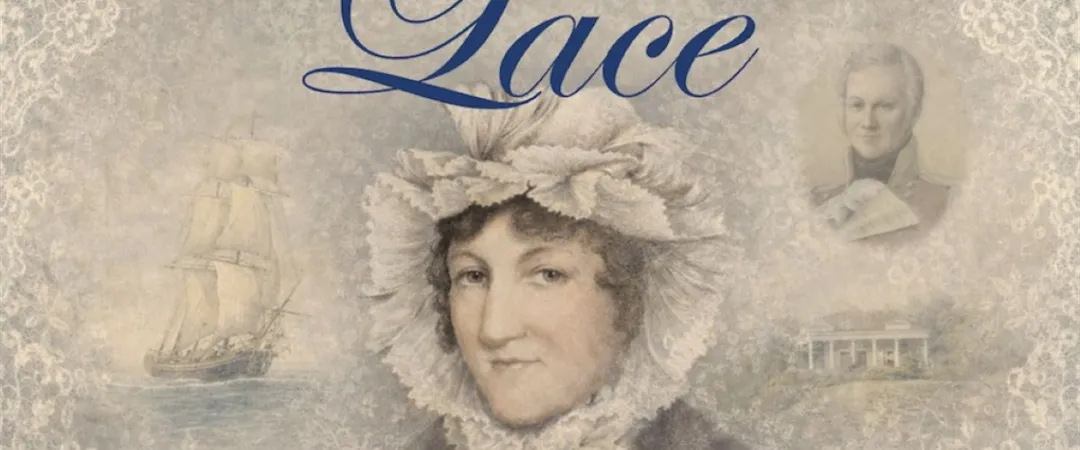 Vintage historical collage titled “Lace,” featuring a woman in a lace bonnet and ruff, with a ship, manor, and faded portraits; a soft, nostalgic tone.