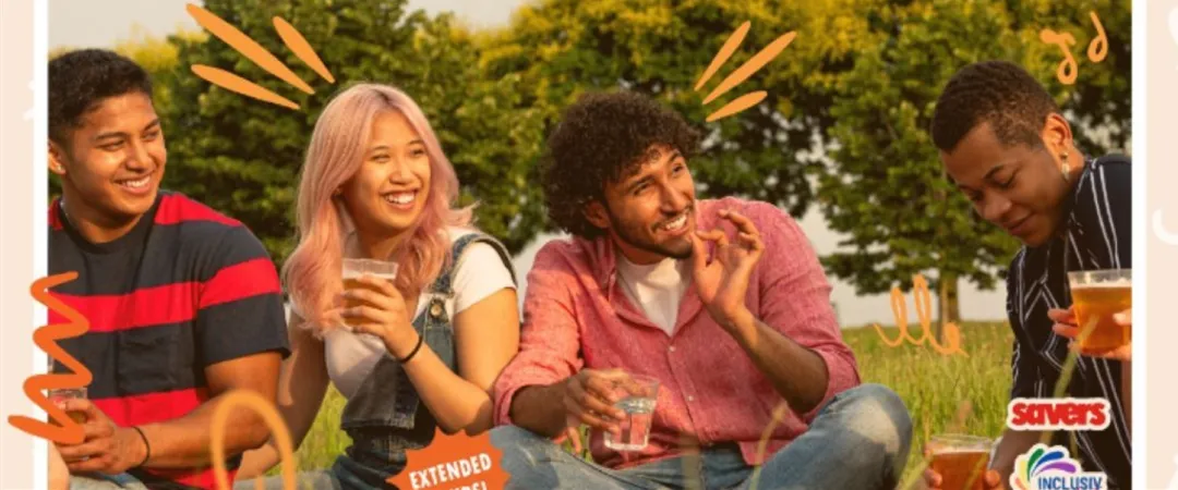 Promotional graphic for Parramatta Pride Picnic, showing four diverse friends laughing with drinks outdoors in a sunny park; joyful, inclusive mood.