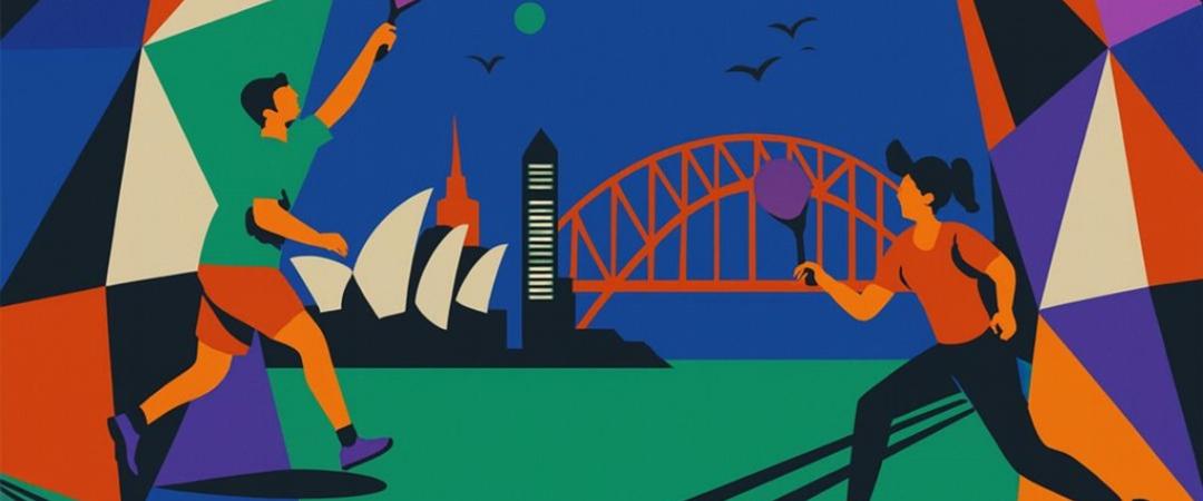 Colorful illustration of two people playing tennis at night with Sydney Opera House and Harbour Bridge in the background. Geometric shapes frame the scene.