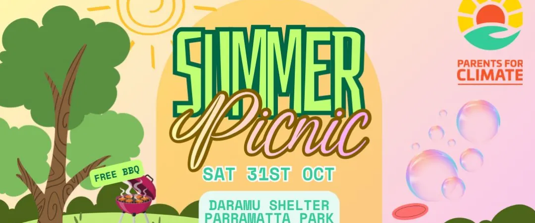 Summer Picnic at Daramu Shelter, Parramatta Park, featuring a free BBQ, kids’ activities and summer heat preparedness information.